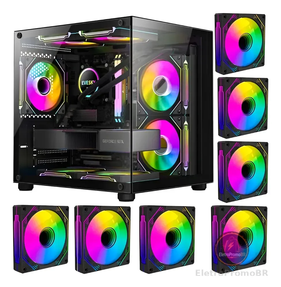 Gabinete Gamer Hayom Aquário C/ 7 Fans Led Rgb - Preto Preto