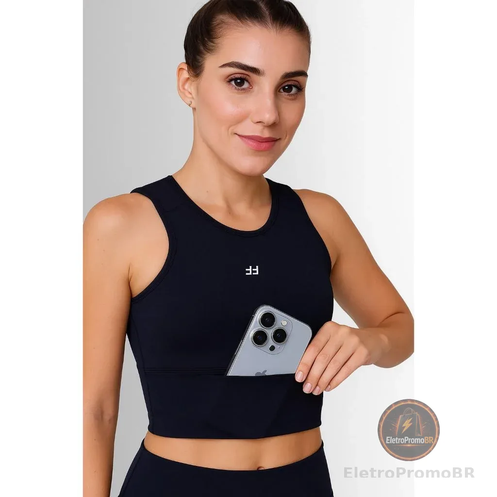Cropped Suplex Top Academia Feminino Fitness com Bolso Corrida Alta Sustentação com Bojo Removível