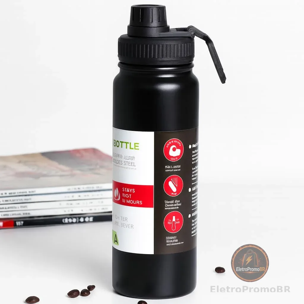 Garrafa Térmica Esportiva 800ml Aço Inox 304 Preta Academia Tampa Antivazamento Alça Dobrável BPA Free Parede Dupla Vácuo Fria 12h Quente 8h Infusor Frutas Portátil Elegante Durável