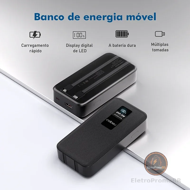 10000 e 20000 mAh, Power Bank Portátil, Pilhas Recarregáveis, Powerbank Portátil, Vem com TYPE-C, USB, Display digital