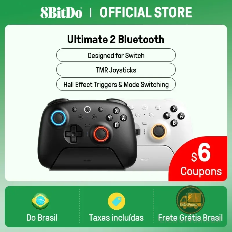 Controlador de jogos Bluetooth 8BitDo Ultimate 2 para Switch 2,1 e Windows PC com joysticks TMR, gatilhos comutáveis, controle de movimento