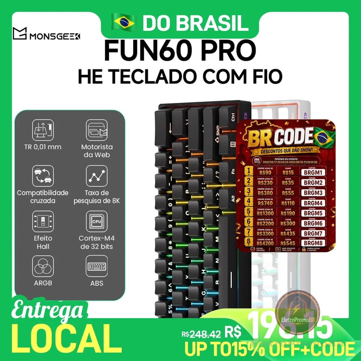Teclado Mecânico Akko MonsGeek FUN60 PRO HE 60% com Interruptor Magnético, Gatilho Rápido 0.01mm, 8K, Teclado Gamer Personalizado com Fio