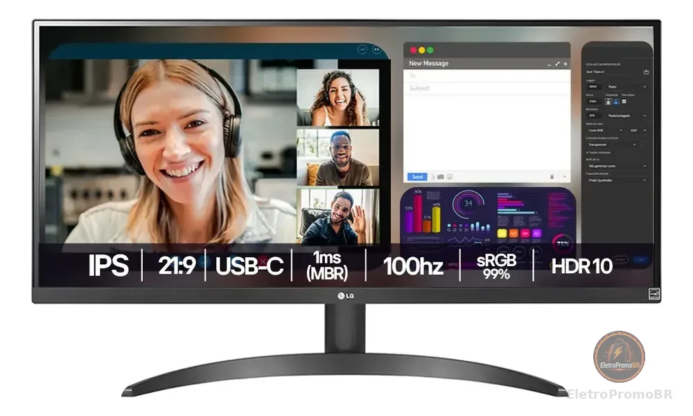 Monitor LG UltraWide™️ - Tela IPS de 29", 21:9, HDR10, sRGB 99%, 100Hz - 29WQ500