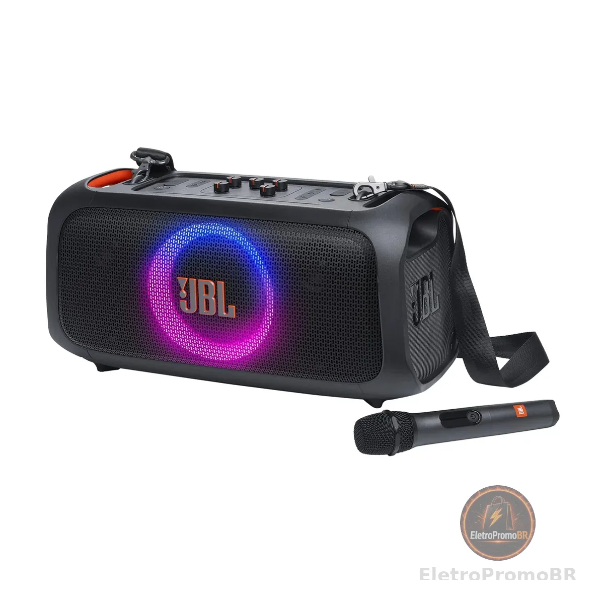 Caixa de Som, JBL, PartyBox On The Go Essential, Com Microfone, Bluetooth, Show de Luzes, À Prova de Respingos - 100W RMS