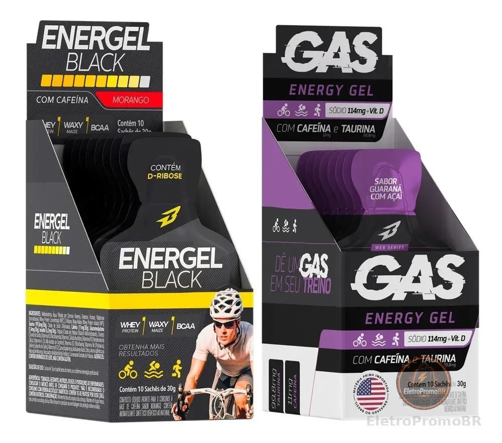 Gas Energy Gel 10 Sachê + Energel Black 10 Sachê Bodyaction Sabor Morango/Guarana com Açai
