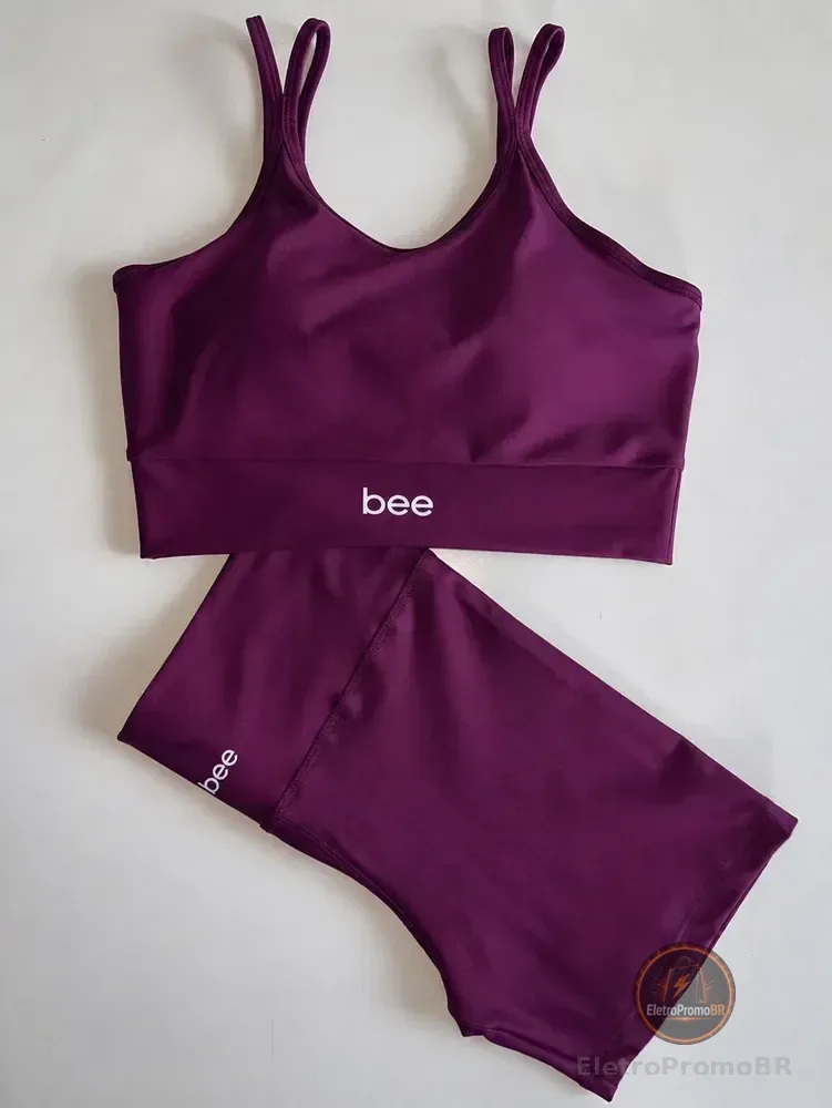Conjunto Fitness Bee Top Cropped E Short Premium Feminino Roxo Liso M
