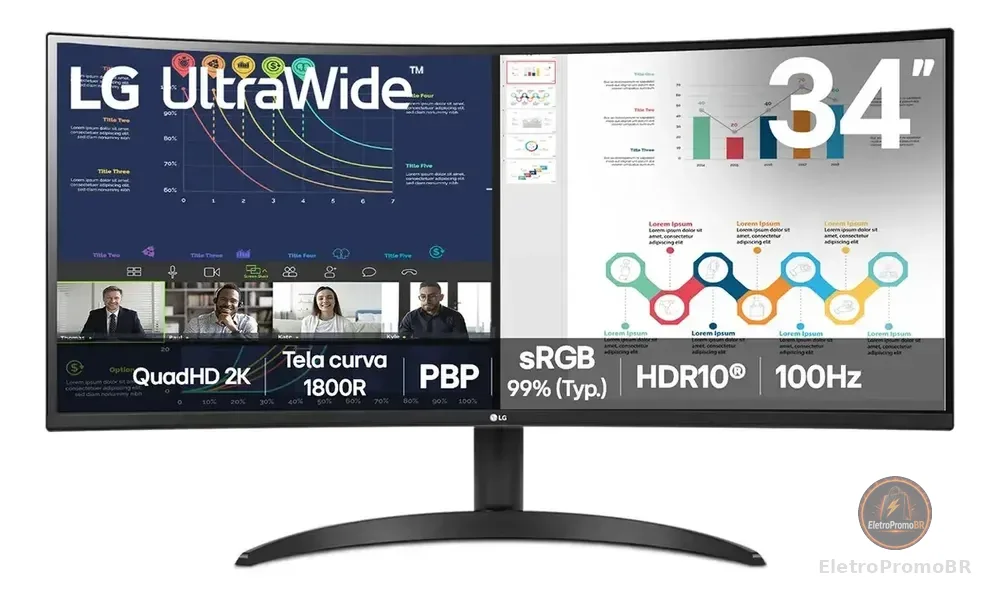 Monitor LG UltraWide Curvo, QuadHD 2K de 34”, PBP, sRGB 99%, HDR10, 100Hz - 34WR50QK-B