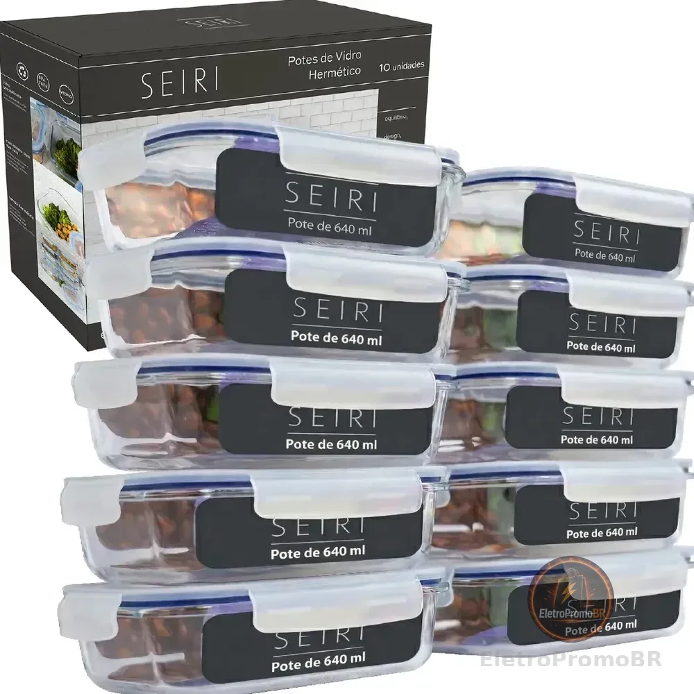 Kit 10 Pote De Vidro Marmita Hermético 640ml Freezer Fitness Borossilicato 4 Travas Micro-ondas Azul-Escuro
