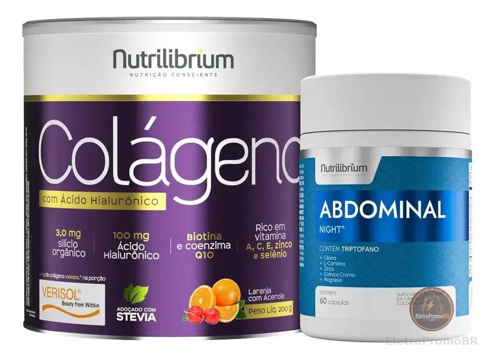 Colágeno Verisol Ácido Hialurônico + Abdominal Night 60 Comp Sabor Laranja Com Acerola