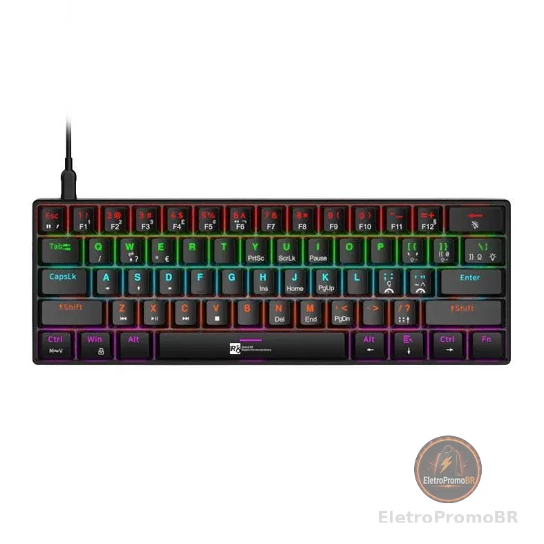 Teclado Mecanico R8 1037, RGB, ABNT2, Switch Azul, Preto, R8-1037-RBW-ABNT2