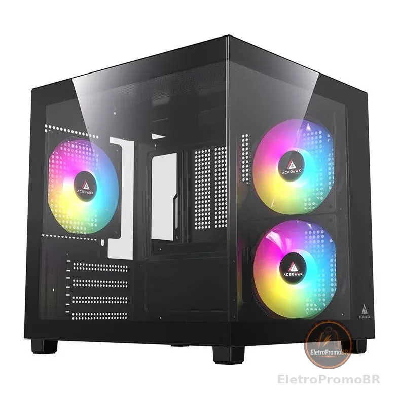 Gabinete Gamer Aquário Acegeek Ori Rainbow Mini-Tower Lateral e Vidro Com 3 Fans Preto, AG-ORI-BK-3F