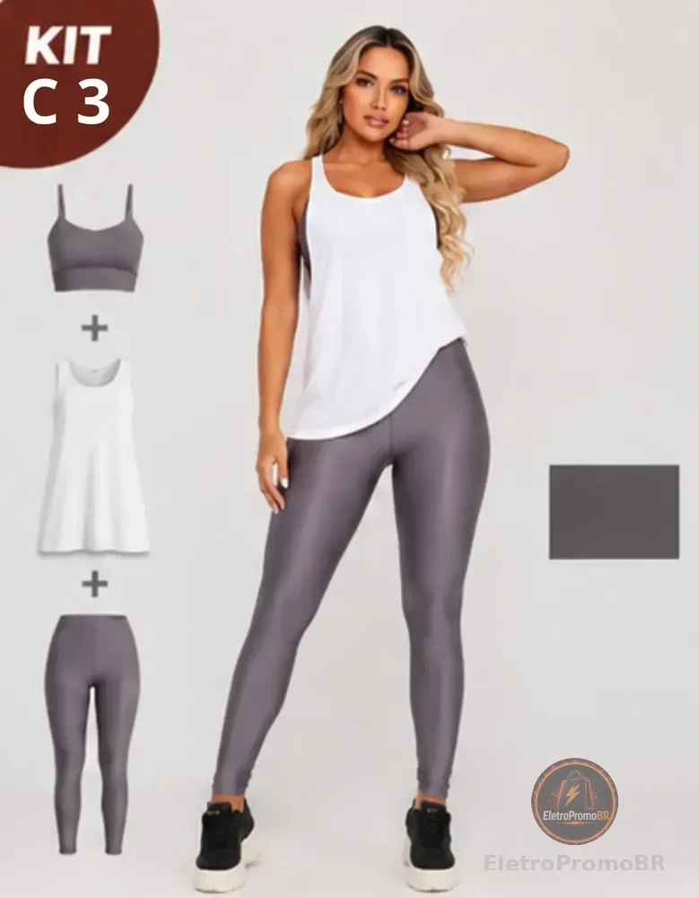 Kit Academia Feminino Regatão Top E Legging Premium Cinza P