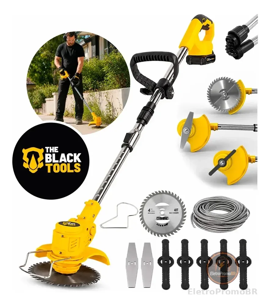 Roçadeira Aparador Grama A Bateria Recarregável 21v 750w Profissional Com Acessórios Tcg21c The Black Tools