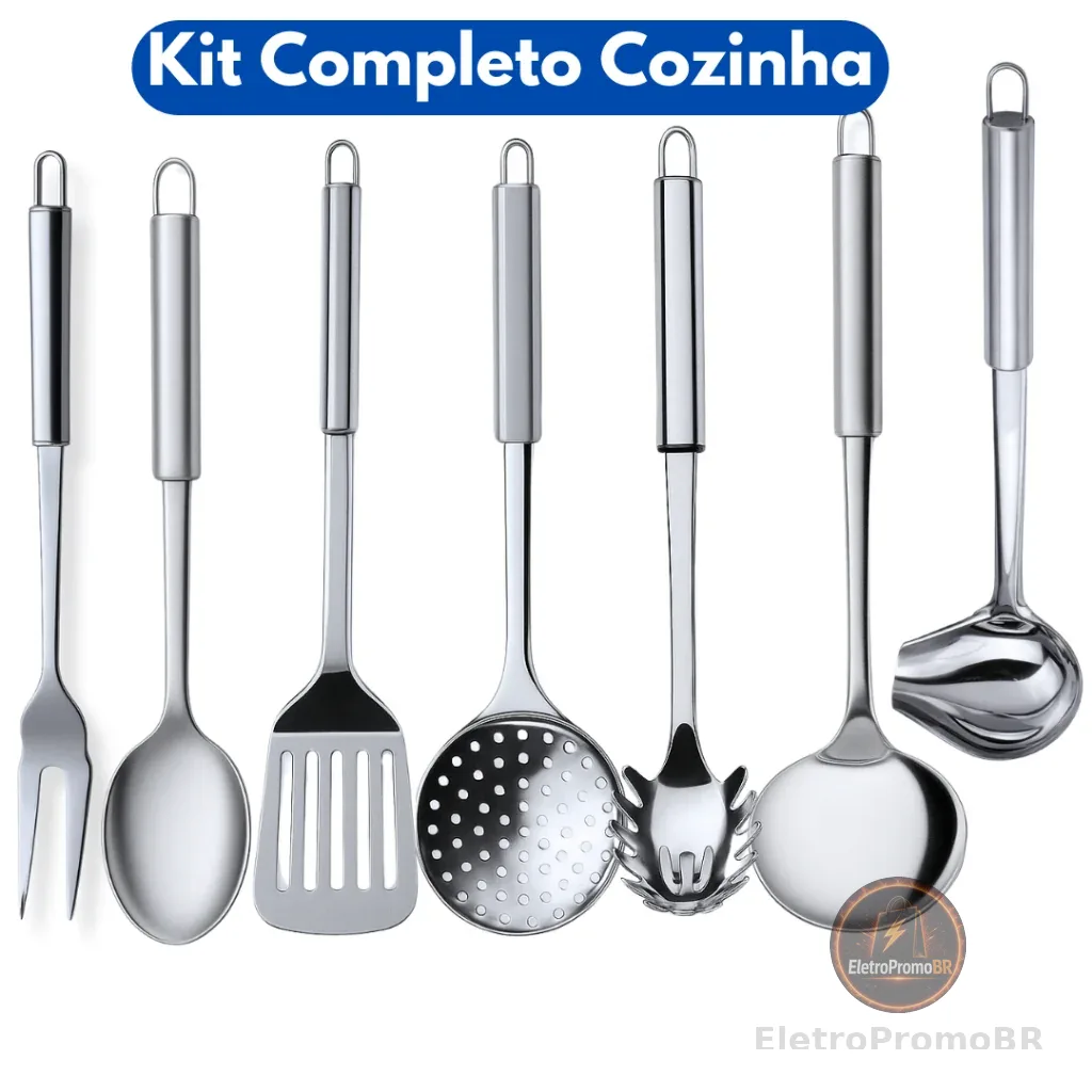 Kit 7 Utensílios de Cozinha Inox Escumadeira Concha Colher Arroz Pegador Garfo Espátula Concha Caldo