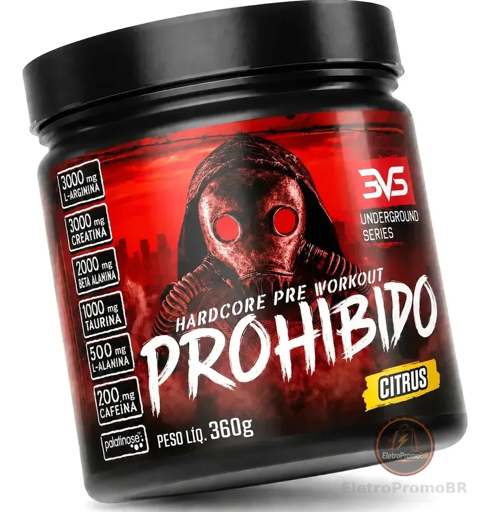 PRÉ TREINO PROHIBIDO 360g Sabor Citrus - Fórmula Exclusiva contendo Creatina, Beta Alanina, Taurina, L-tirosina, L-alanina, Cafeína, Arginina e Palatinose