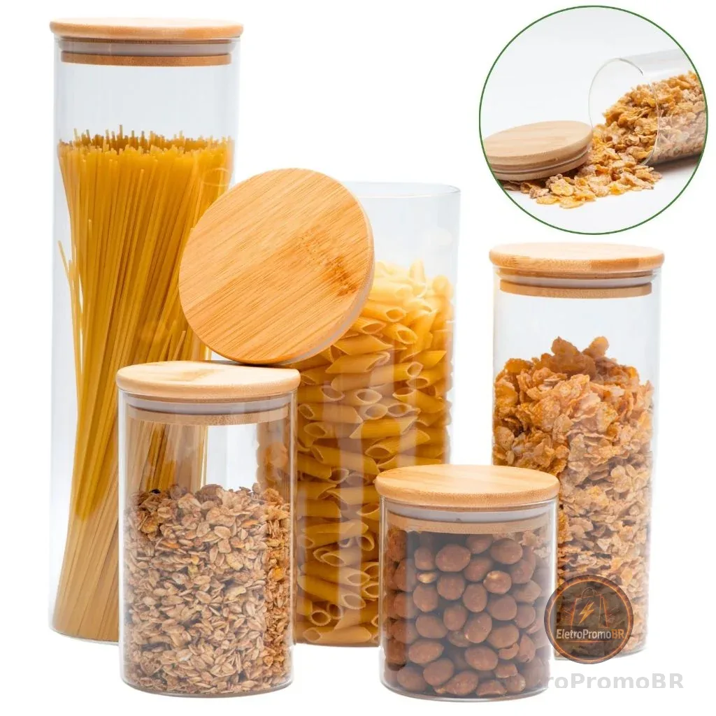 05 Potes de Vidro Hermético Transparente Tampa Bambu Porta Alimentos
