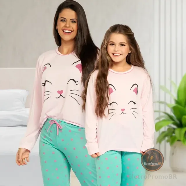 Kit 2 Pijamas Longos De Inverno Conjunto Mãe E Filha Cat
