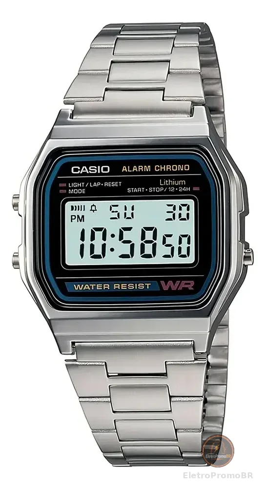 Relogio Casio Unissex Vintage Prata - A158wa-1df Correia Prateado Bisel Prateado Fundo P