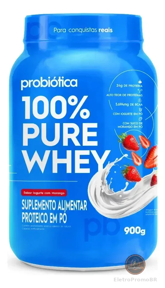 Whey Protein 100% Pure 900g Probiótica Whey Concentrado Sabor Iogurte de morango