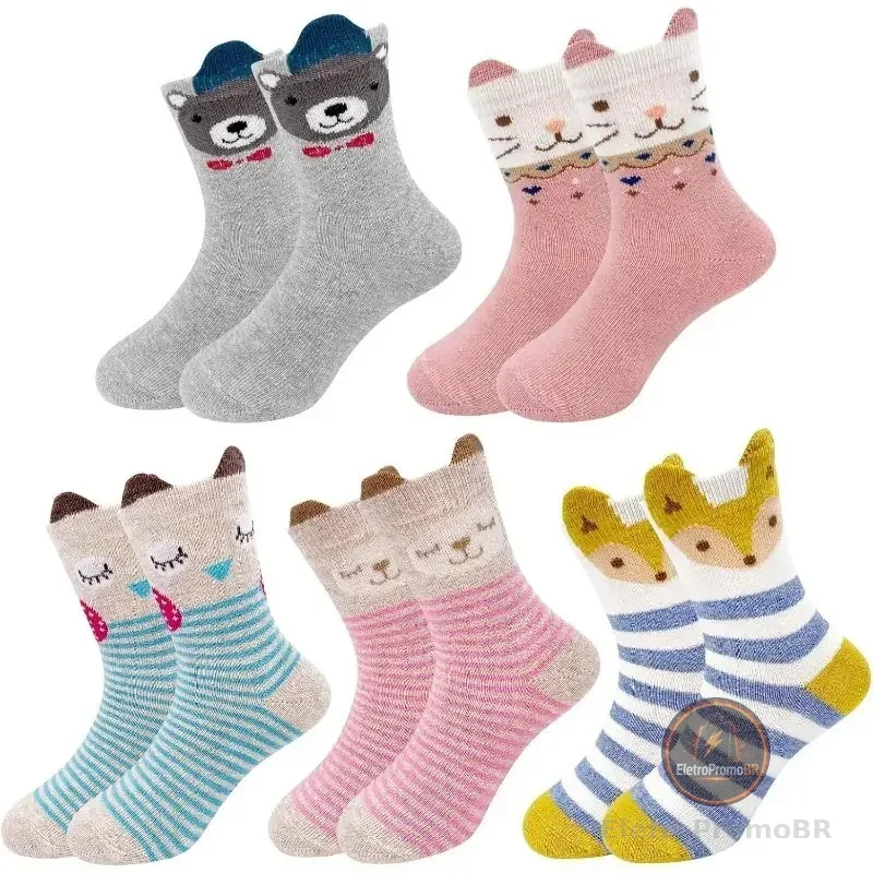 Kit 3 ou 6 Pares Meia Cano Longo Infantil Menina Menino Bichinhos Orelhinhas Algodão Criança