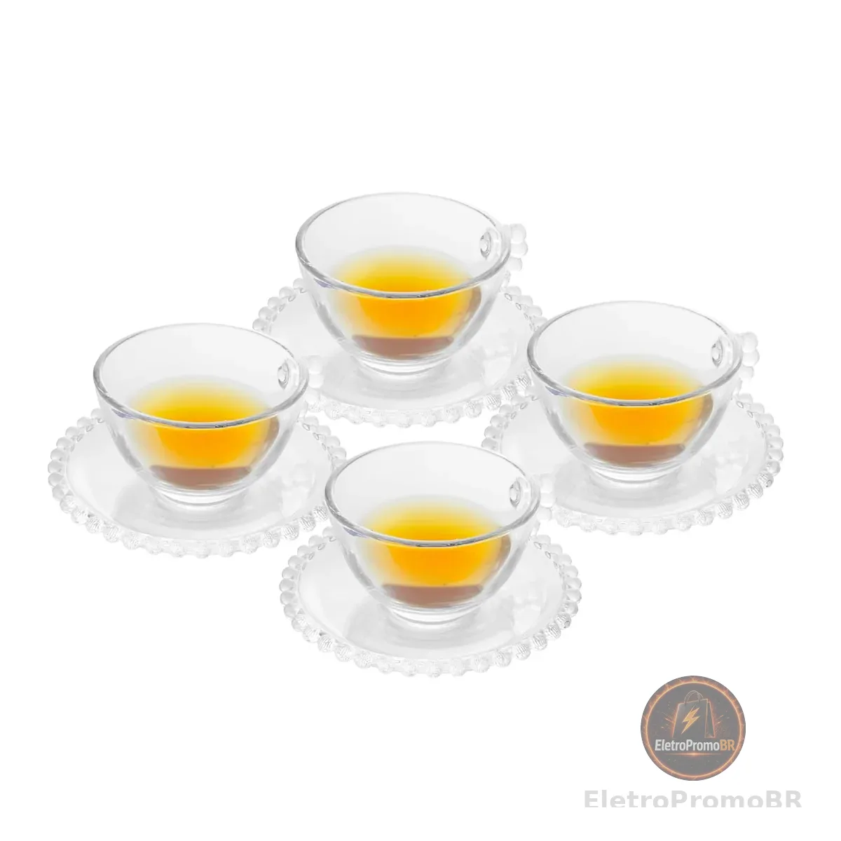 WOLFF - Conjunto 4 Xícaras de Chá de Cristal com Pires 180ml - Linha Pearl