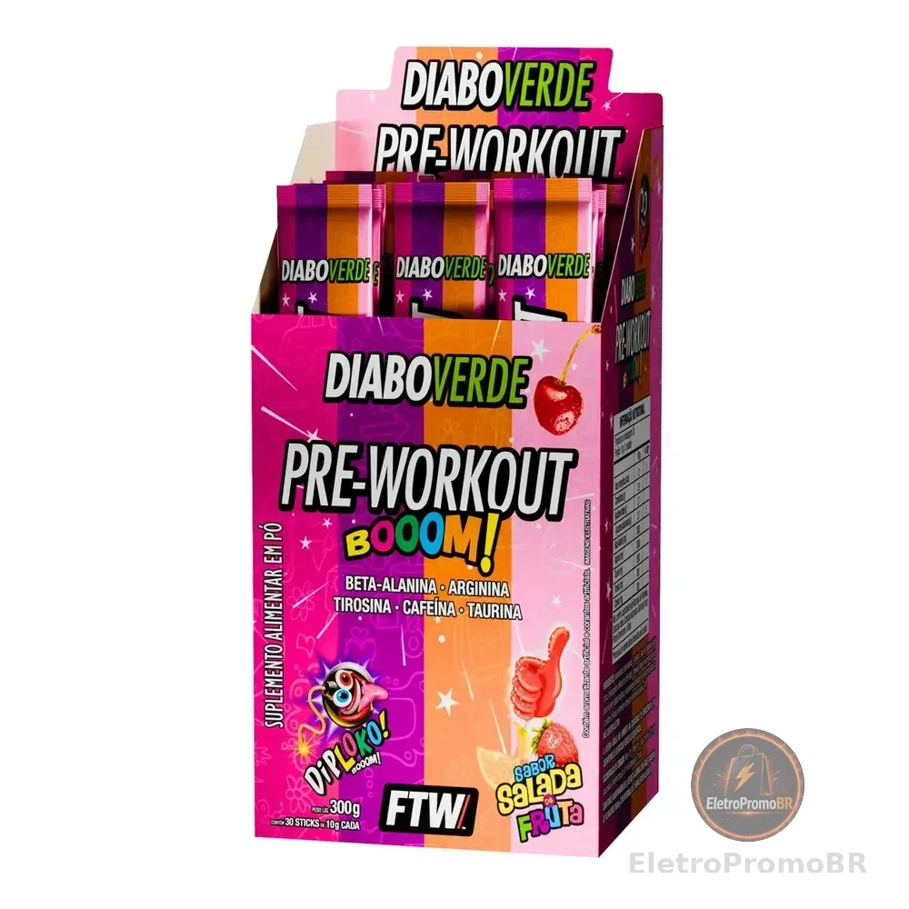 Pré Treino Diabo Verde Diploko Booom Ftw 300g 30 Sticks Sabor Salada De Fruta Cafeína Beta Alanina Energia Foco