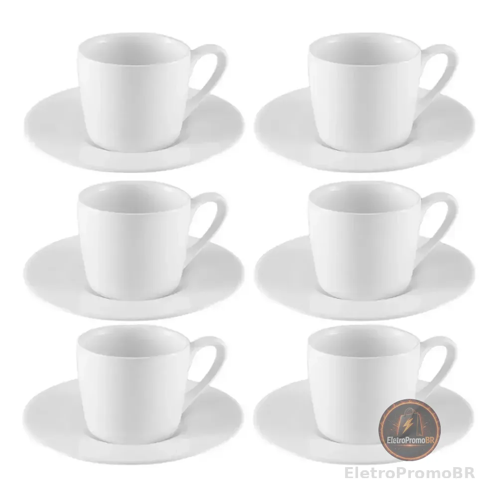 Jogo Xícaras Café Com Pires Porcelana Branca 12 Peças