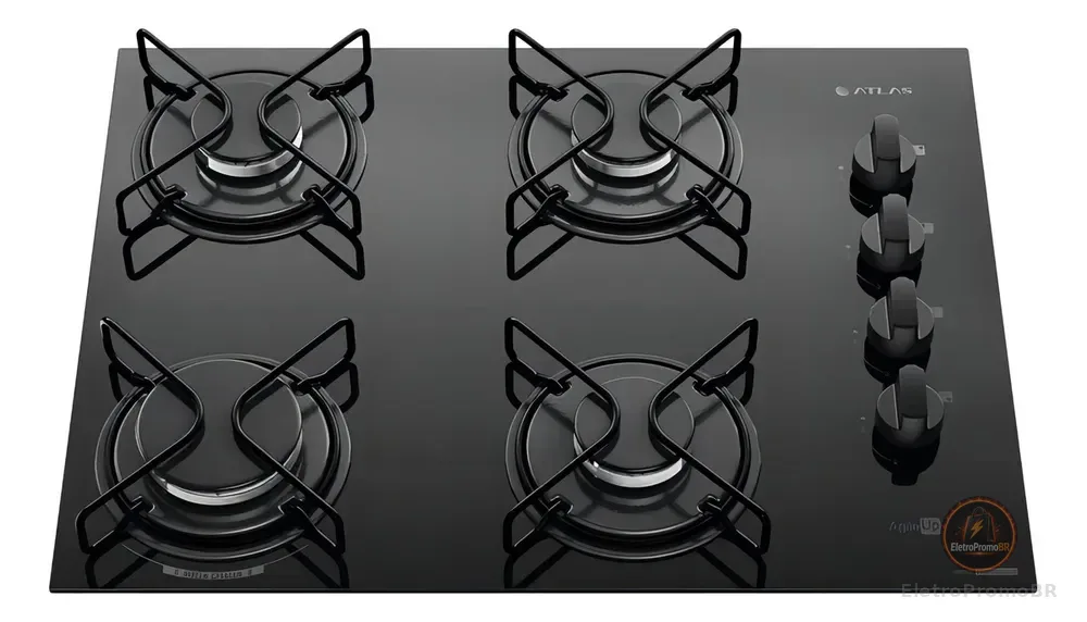 Cooktop 4 Bocas Atlas Agile Up Mesa Vidro Mega Chama Bivolt Preto