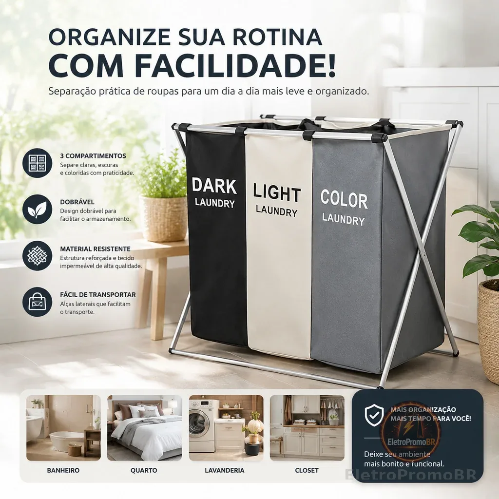 Cesto Roupa Suja cesto de roupa suja moderno Dobravel 3 Compartimentos Organizador Grande
