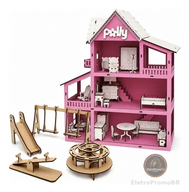 Casinha De Bonecas Com Moveis Parquinho Casa Em Mdf Promoção