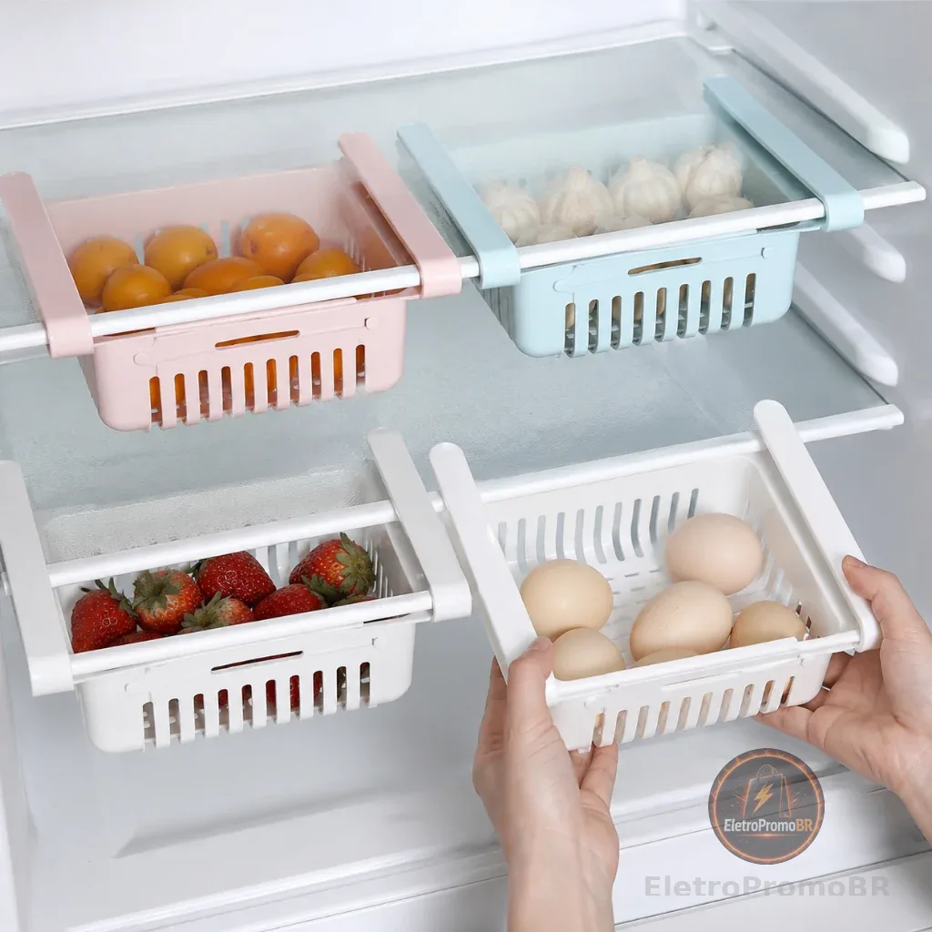 Cesto Organizador De Geladeira Multiuso Gaveta Retrátil Ajustável Prático Portátil