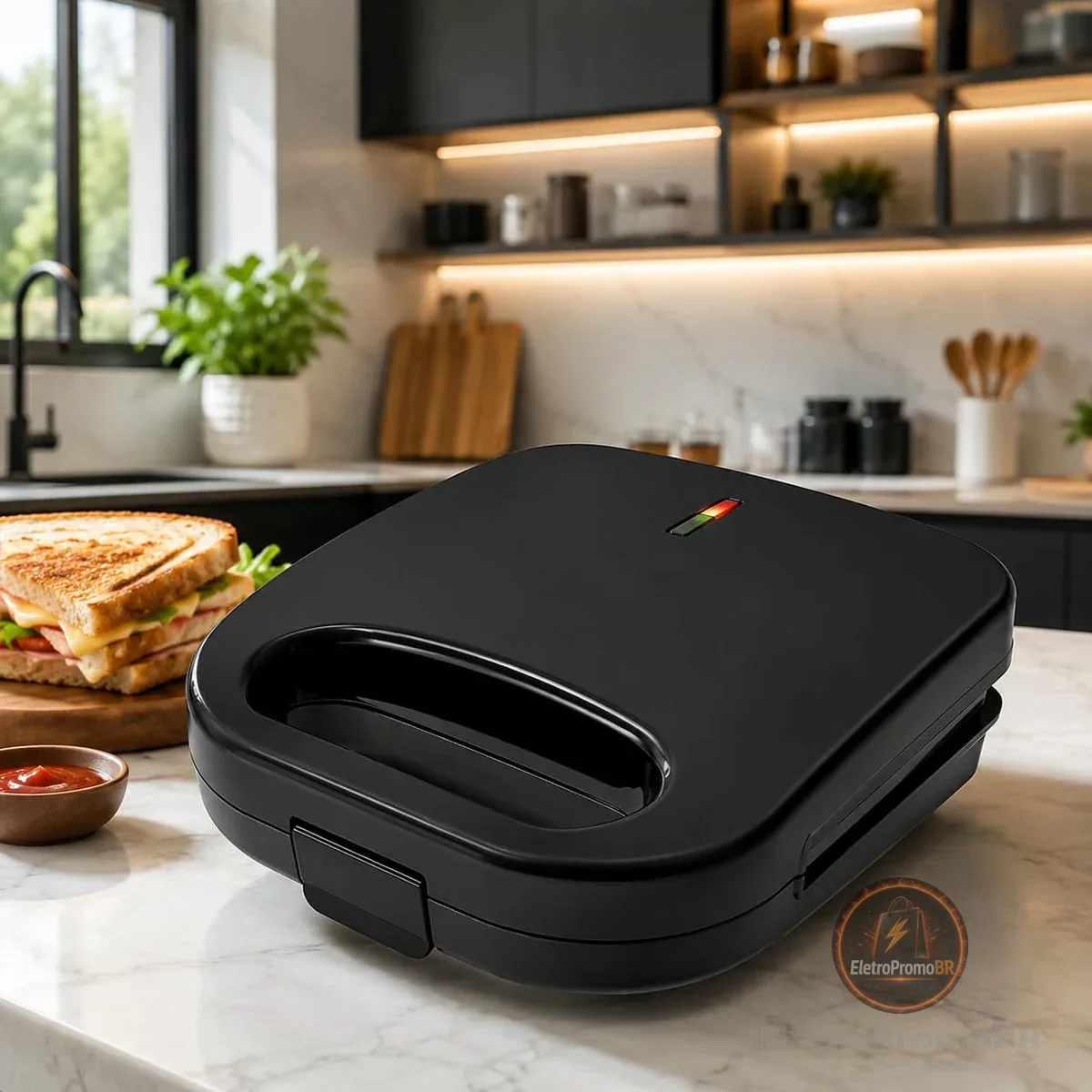 Sanduicheira Elétrica Antiaderente Compacta | Prepara Sanduíches, Torradas e Lanches Rápidos | Design Moderno Preto (110, Volts, Sanduicheira Eletrica)