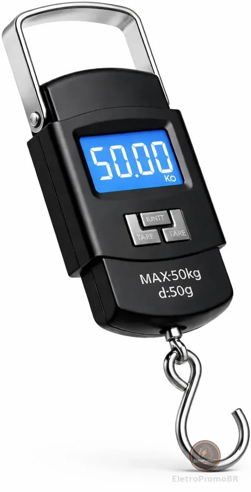 Balança Digital Portátil de Mão 50kg Alta Precisão com Visor LCD Grande e Alça Reforçada – Ideal para Bagagem, Mala, Viagem, Aeroporto, Pesca, Sacolas e Uso Doméstico Compacta, Resistente e Premium