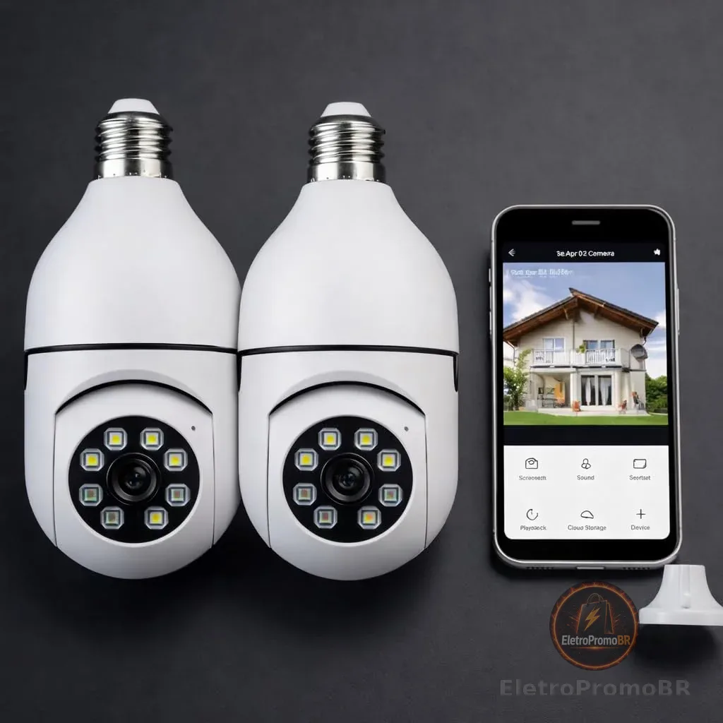 Kit 2 Câmeras Segurança IP Lâmpada WiFi Full HD 1080p com Visão Noturna Infravermelho 1080P Bivolt, Detecção de Movimento, Áudio Bidirecional, Prova D'água Giratória (2)