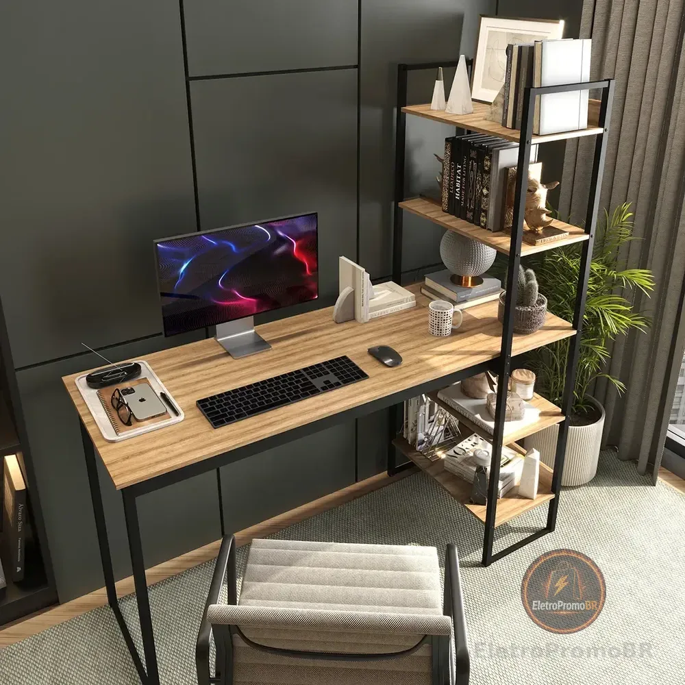 Mesa Escrivaninha Industrial Laminado Com Preto 5 Prateleiras Design Moderno Modelo Para Home Office Mod: Athenas Shoop