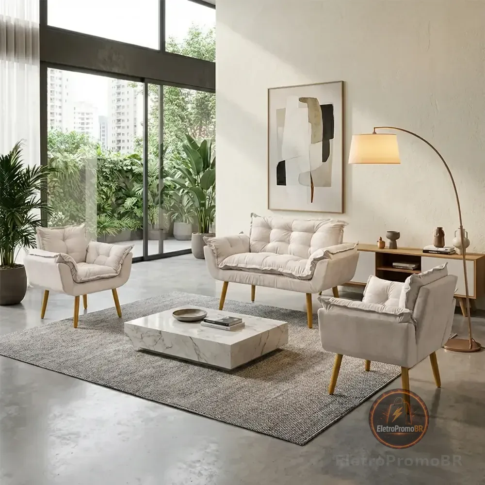 Kit Namoradeira e 2 Poltronas Alice Decorativas Para Sala Recepção Consultório Escritório Manicure Suede Bege