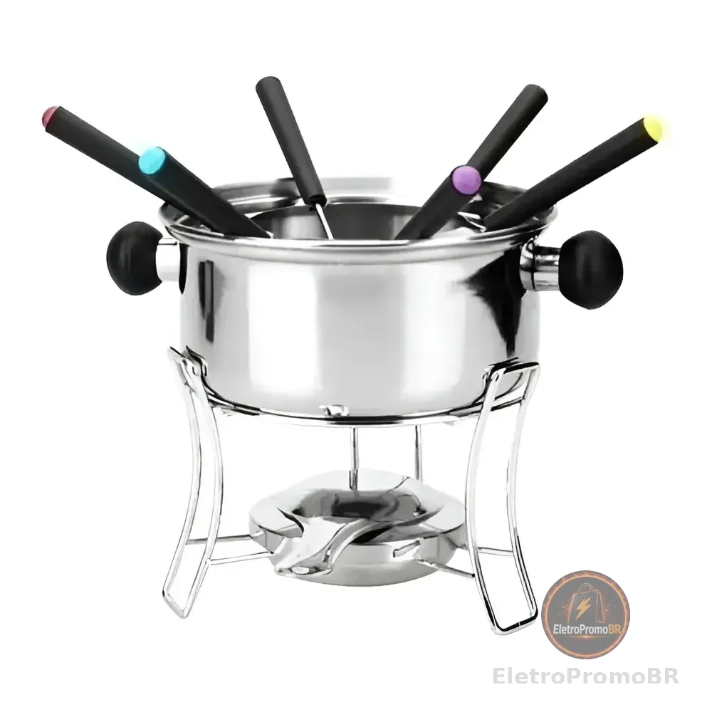 Aparelho Para Fondue Inox 10 Peças Inclui Fogareiro E Base 6 Garfos Prateado
