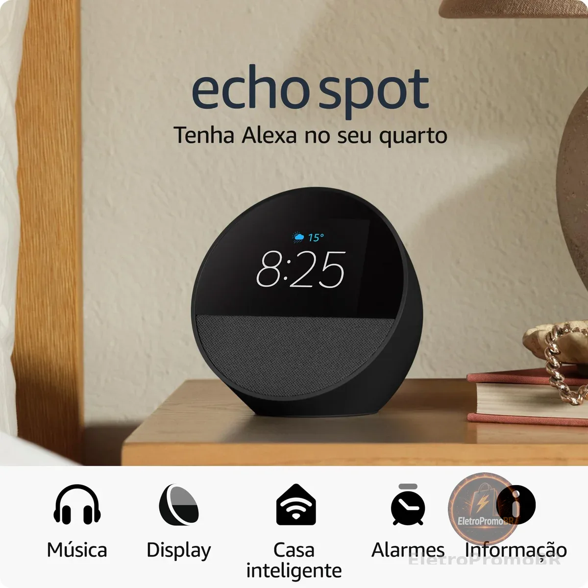 Echo Spot com Alexa (Geração mais recente) | Despertador inteligente com som vibrante | Cor Preta, com Acesso Antecipado à Alexa+