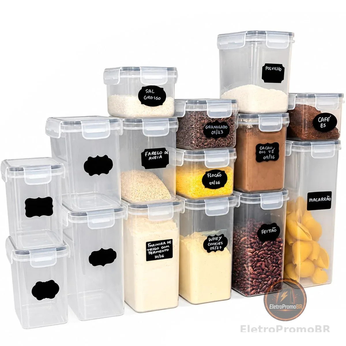 Decolab Kit Potes Herméticos Plástico com Vedação BPA Free - Organizador de Geladeira, Porta Cereais, Temperos e Mantimentos (15, transparente, Retangular) 4x0,8L / 6x1,4L / 4x2,0 / 1x2,8L