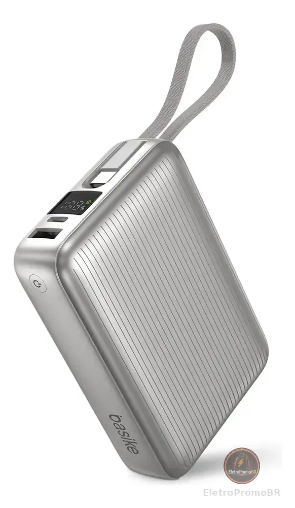 Carregador Portátil Basike 20000mAh PD 45W com Cabo USB-C Integrado para iPhone e Samsung