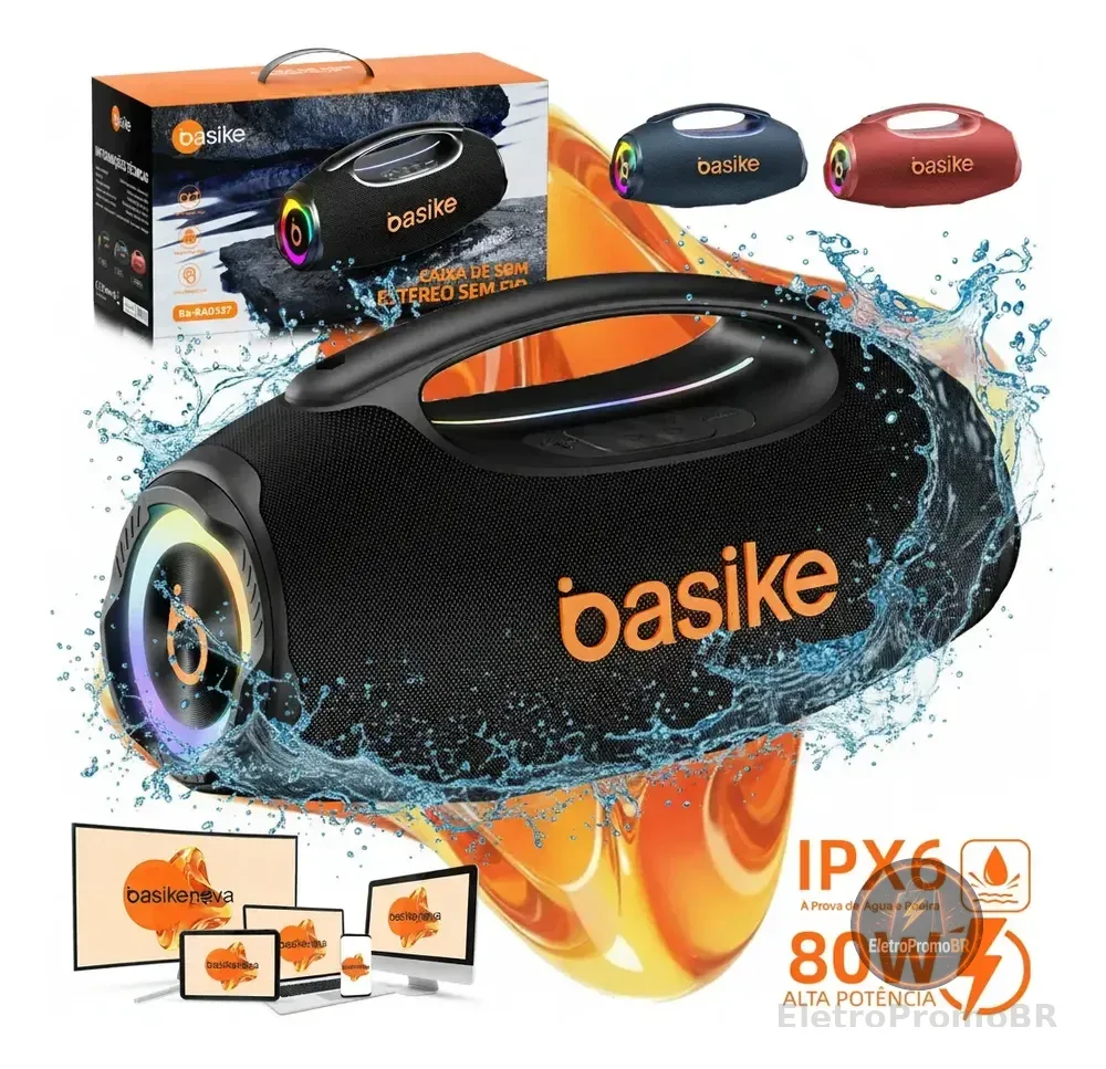 Basike Caixa de Som Portátil Com Bluetooth Boombox 80W 8000Mah 10hrs Sem fio IPX6 À Prova D'água Com Bateria Recarregavel Luz RGB Hifi TWS Bass Forte Áudio de Alta Qualid Para TV Festa Casa Subwoofer