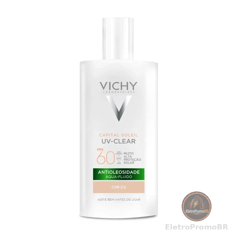 Vichy Capital Soleil UV-Clear Protetor Solar Facial Antioleosidade e Antiacne, Toque Seco FPS 60, com Niacinamida e Ácido Salicílico, Acabamento Invisível, Cor 2.0, 40g