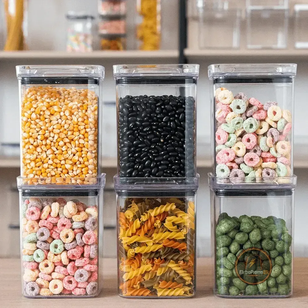 Kit 6 Potes 1l Quadrado Hermético Porta Mantimentos Organiza