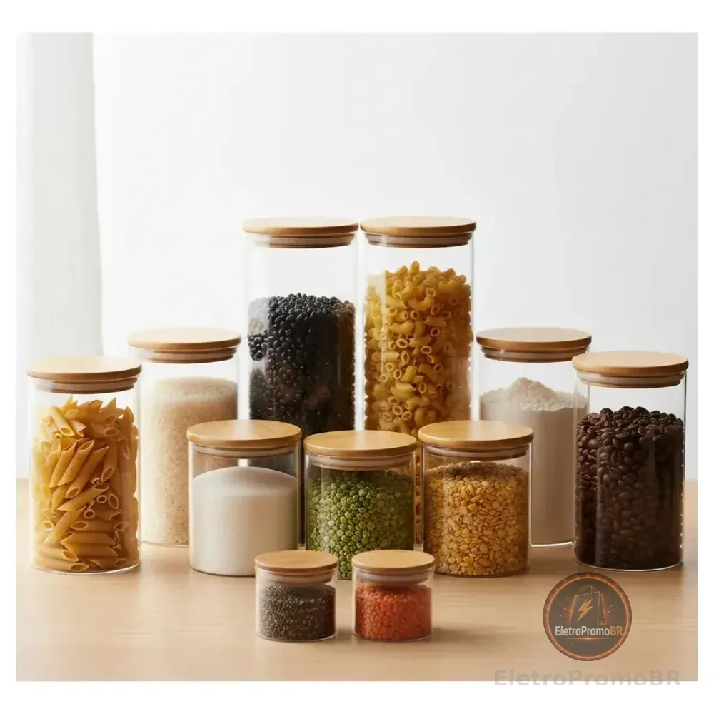 Kit 11 Potes De Vidro Hermético Com Tampa De Bambu Eloria Cor Transparente