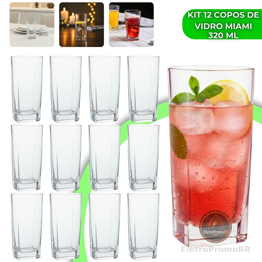 Jogo 12 Copos Miami 320ml Vidro Grosso Moderno Luxo Elegante Quadrado Alto Texas Bali Água Drink
