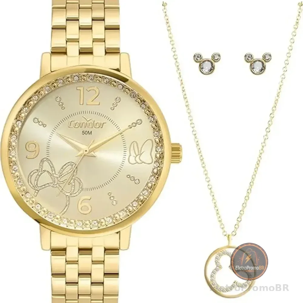 Relógio Disney Minnie Condor Kit Feminino Dourado