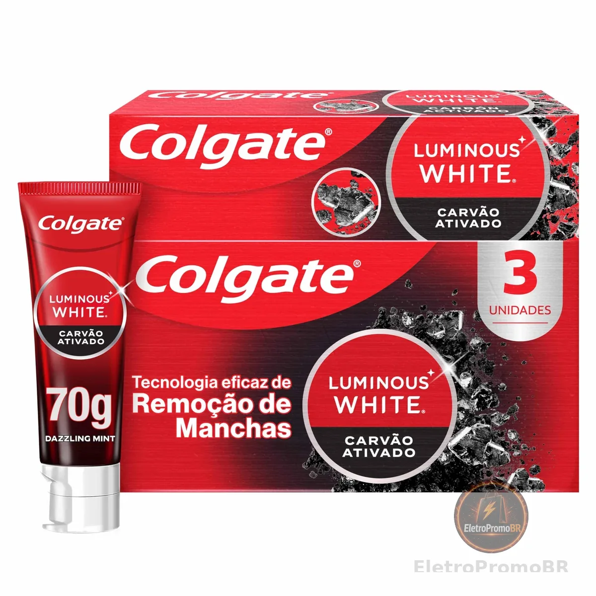 Colgate Luminous White Carvão Ativado Creme Dental Clareador, 3x70g