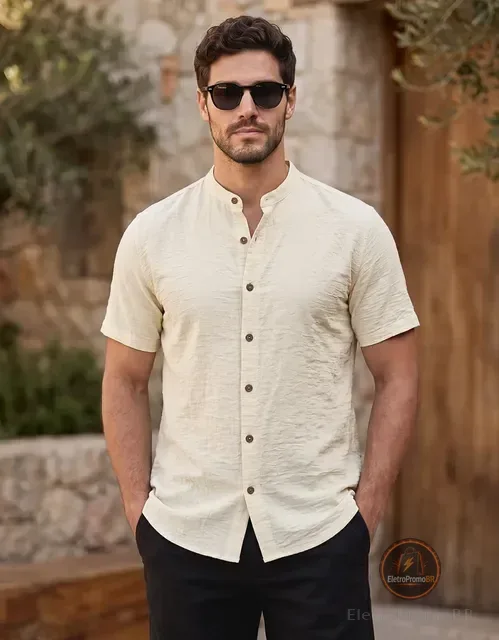 Camisa Gola Padre Masculina Manga Curta Social Verão Festa