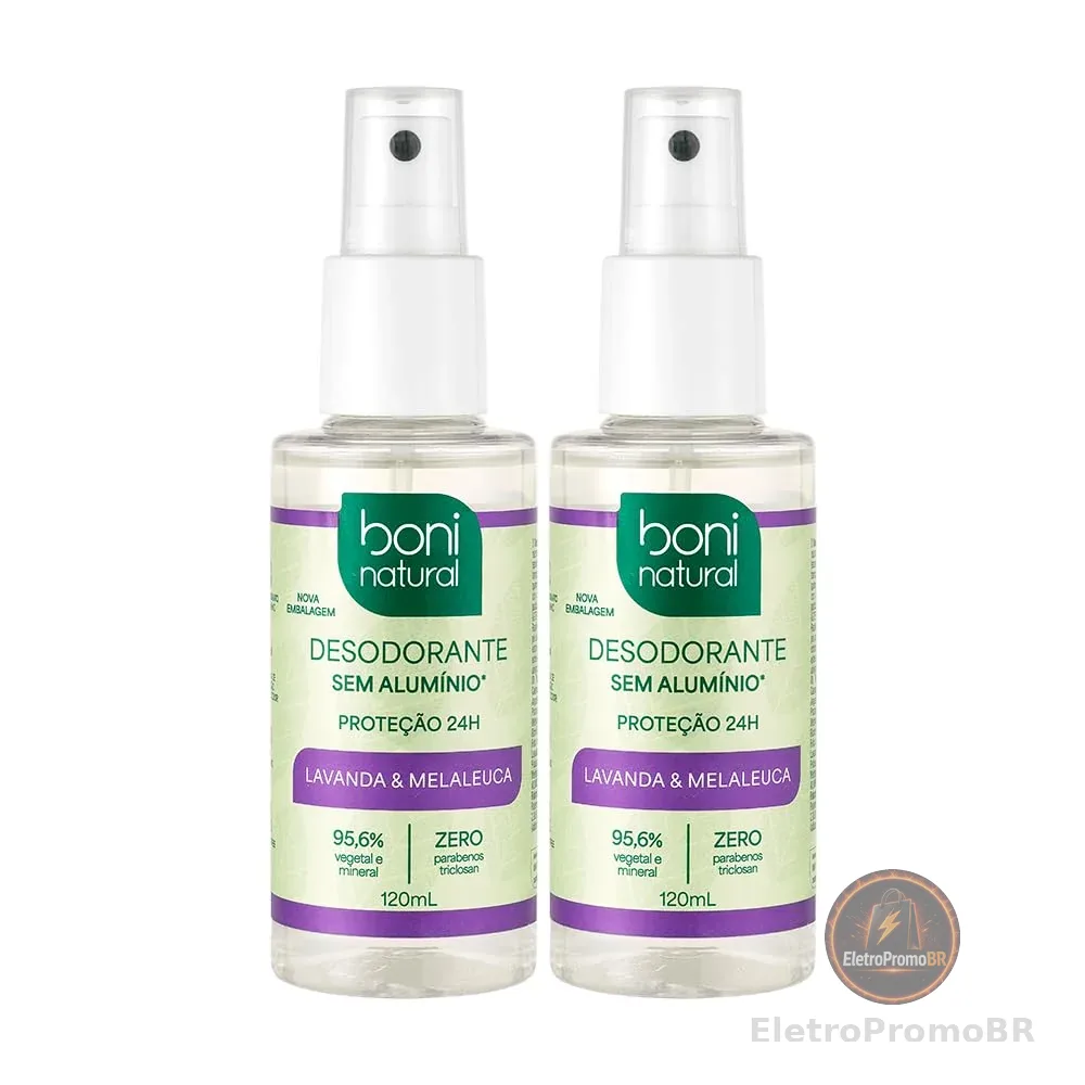 BONI NATURAL - Desodorante Spray Natural e Vegano com Óleos Essenciais de Melaleuca e Lavanda, 24 horas de proteção, Sem Alumínio, Sem Parabenos, Sem Triclosan, 120ml, 2 unidades Leve Mais Pague Menos