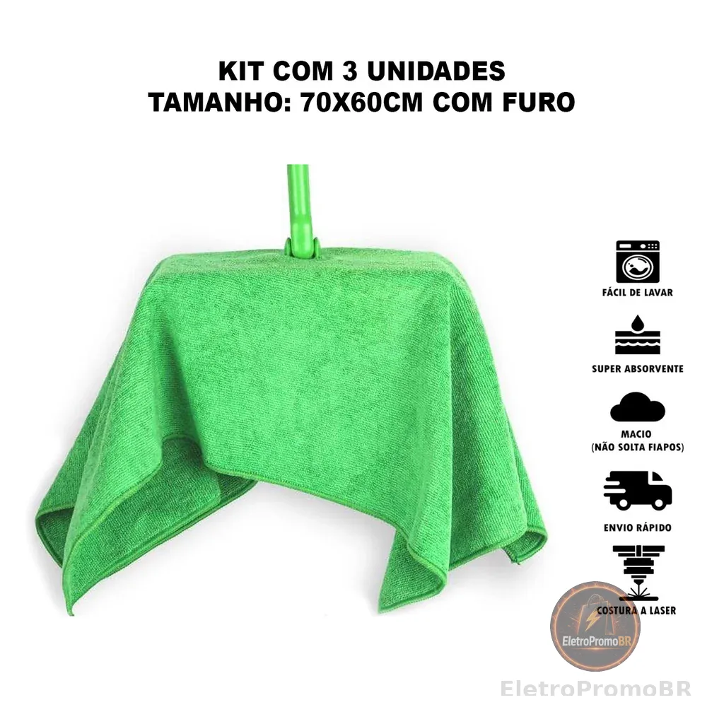 Kit 3 Panos de Chão Microfibra 70x60cm Furo para Rodo Dupla Camada